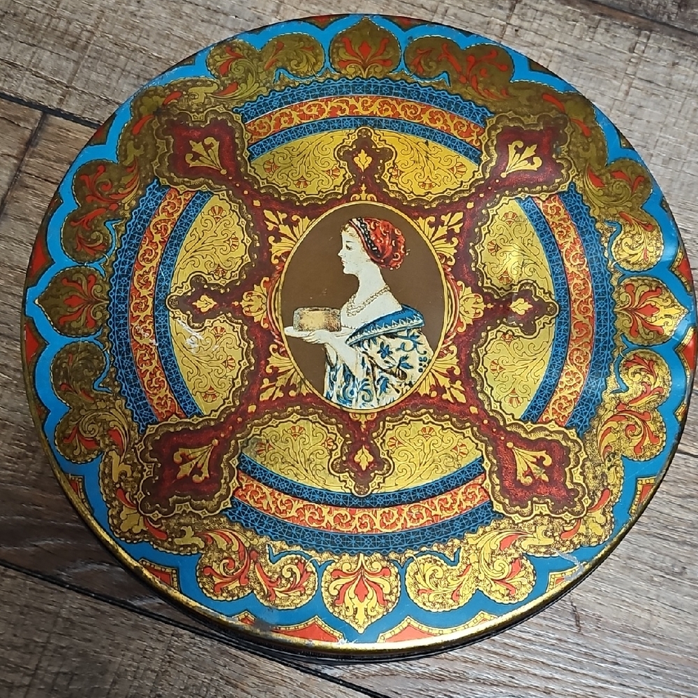 Vintage Decorative Tin with Hostess Woman Fruit Cake Imperial Cookie Biscuit